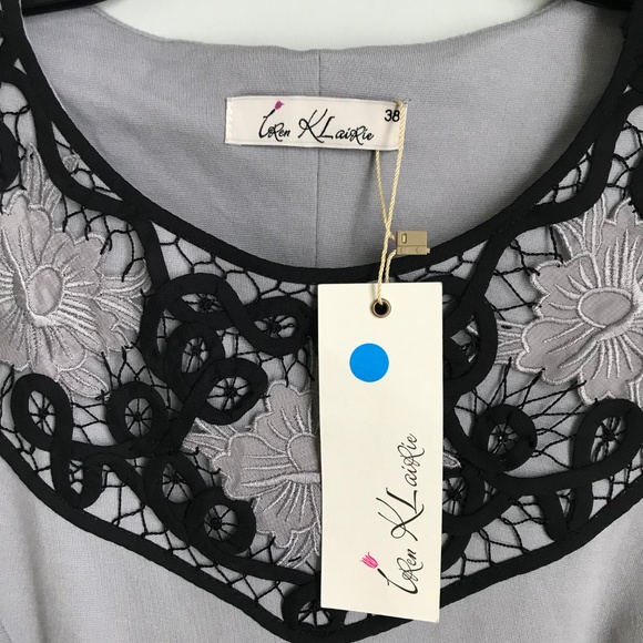New Iren Klairie Gray Lace Trim Long Sleeve Dress - Picture 3 of 5